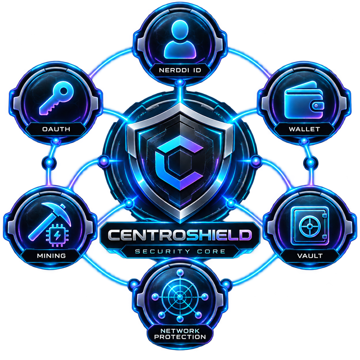 CentroShield Security Core connected with Nerddi ID, OAuth, Wallet, Mining, Vault, and Network Protection